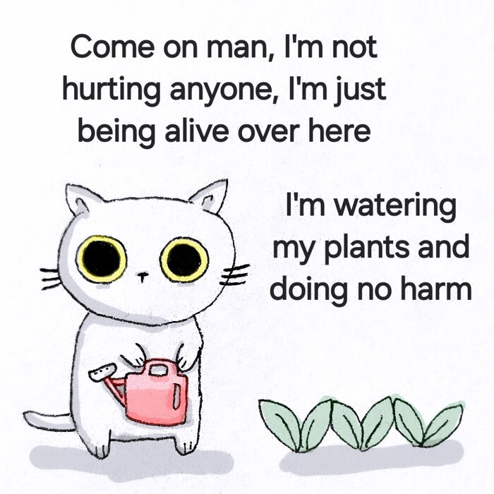 Cute animal illustration of a white cat watering plants, showing comforting and strange animal illustrations by Andy Younger.