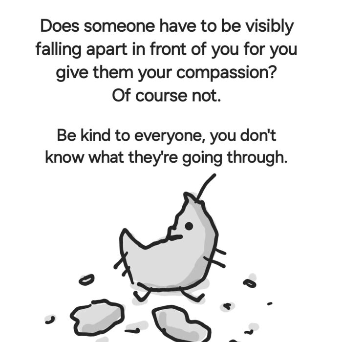 Illustration of a c*****d bird with text encouraging compassion and kindness, part of comforting animal illustrations by Andy Younger.