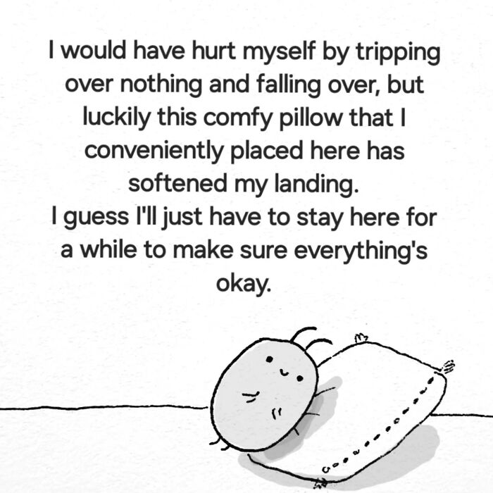 Cute animal illustration by Andy Younger showing a small character resting on a comfy pillow to stay safe and comfortable.