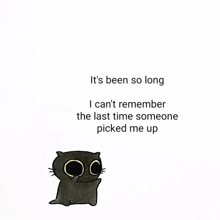 Comforting animal illustration by Andy Younger showing a sad black cat with tears and text about feeling forgotten.
