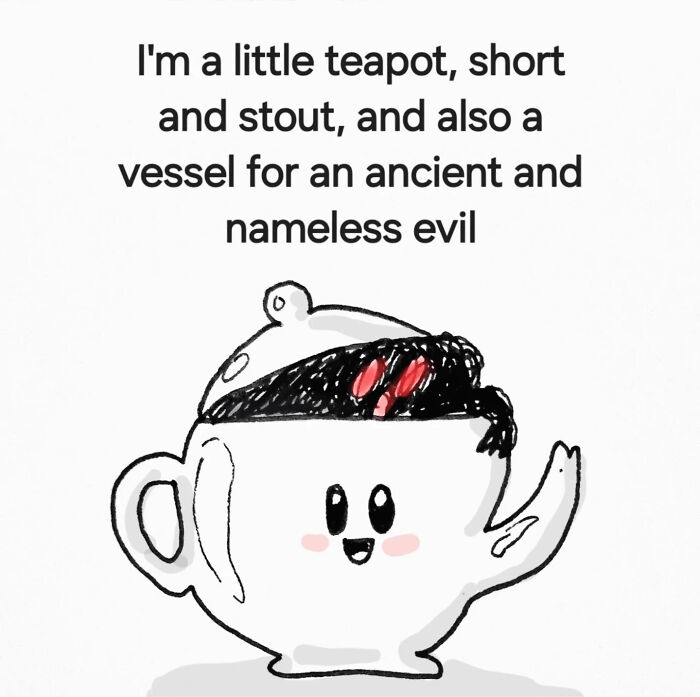 Cute animal illustration of a teapot with a smiling face, combining strange yet comforting animal illustrations by Andy Younger.