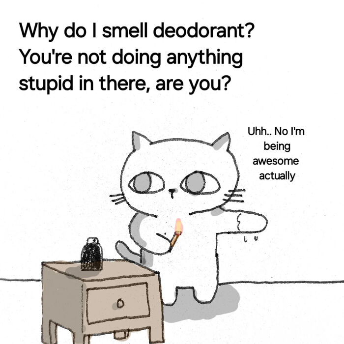 Cute animal illustration by Andy Younger showing a cat humorously questioning deodorant use in a comforting style.