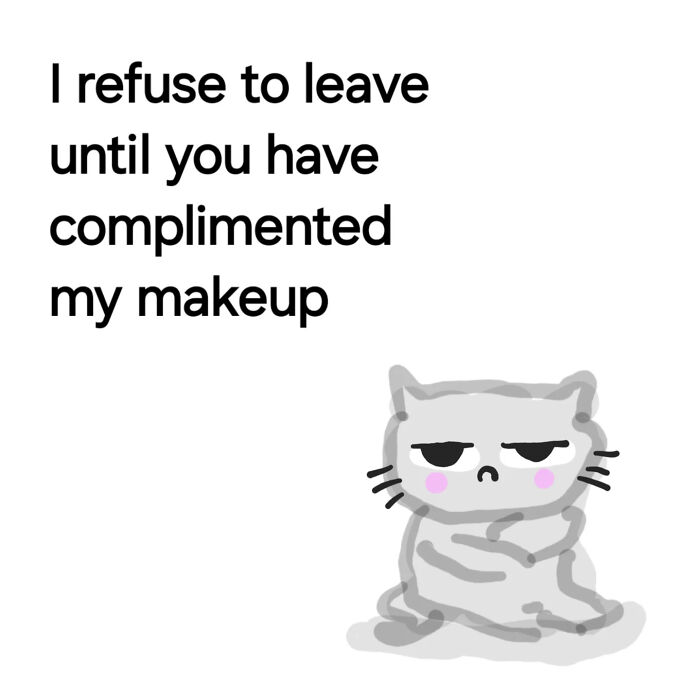 Cute and comforting animal illustration by Andy Younger featuring a grumpy cat with pink makeup cheeks and a witty quote.