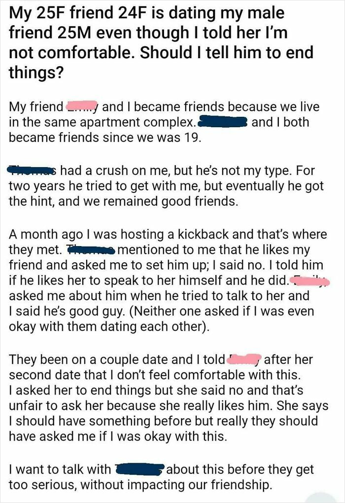 Text post about a friend dating another friend despite discomfort, showcasing entitled behavior in relationships.