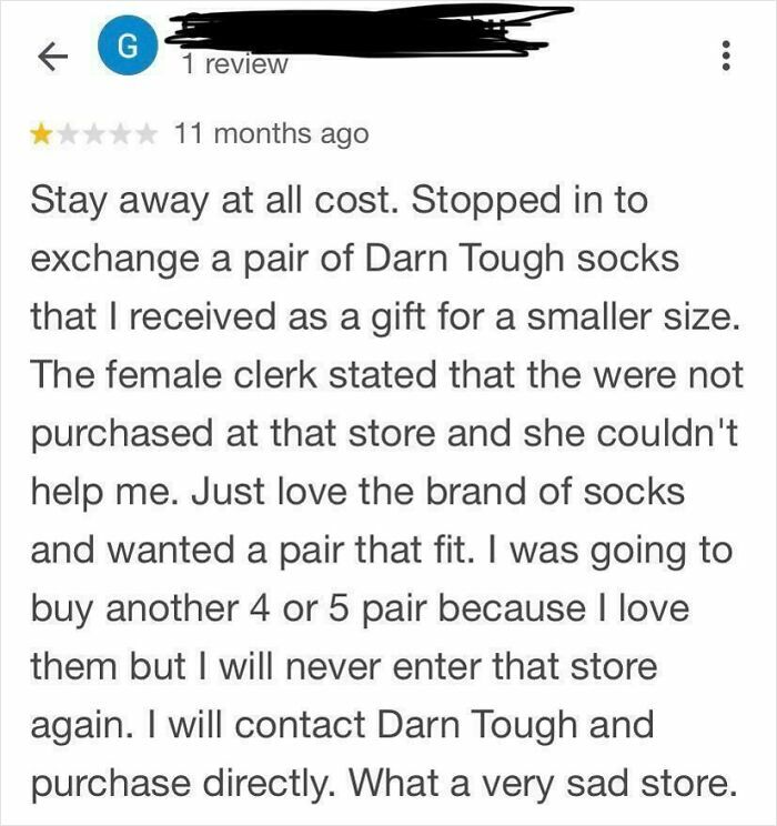 Screenshot of a negative customer review showing entitled behavior over a product exchange refusal in a retail setting.