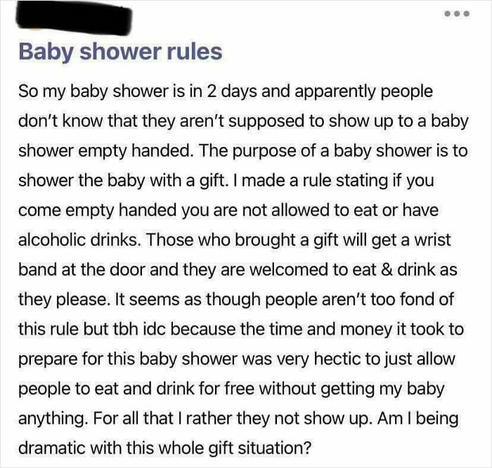 Text post about entitlement complaining that people attend baby showers without bringing gifts, highlighting entitled behavior.