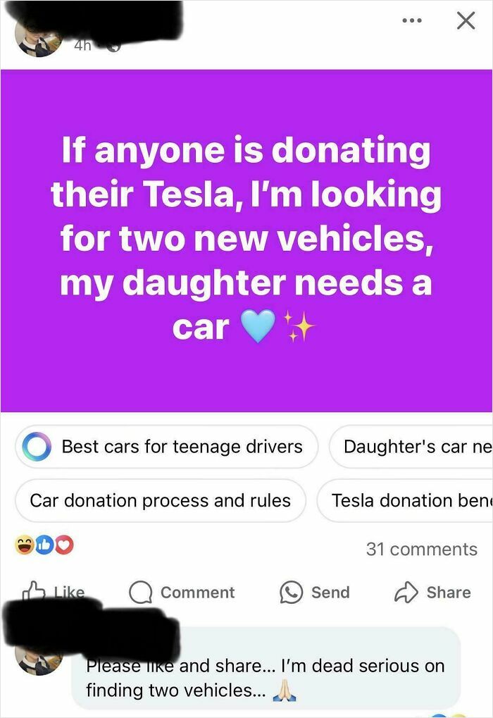 Screenshot of an entitled social media post demanding donated Tesla vehicles for the poster and their daughter.
