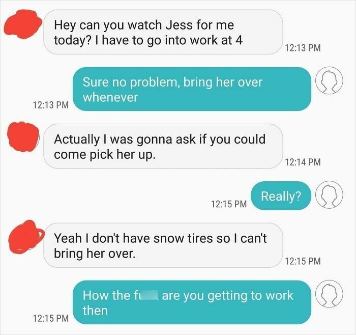 Text message conversation showing entitled behavior where one person asks for favor but refuses to help due to lack of snow tires.