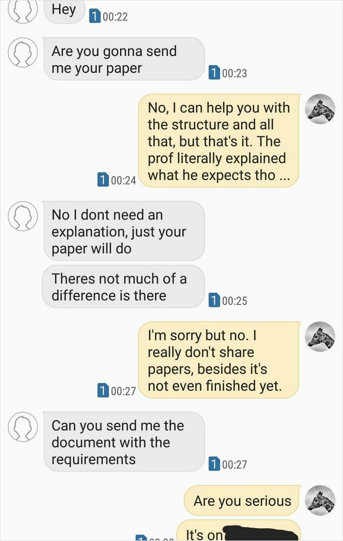 Screenshot of entitled text messages showing one person demanding another’s paper, highlighting entitled behavior.