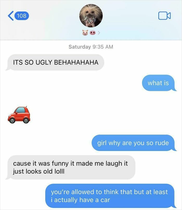Text message exchange showing entitled behavior with rude comments about a car, illustrating people so entitled concept.