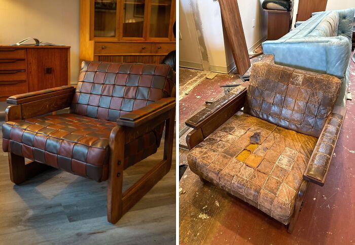 Vintage mid-century leather armchair before and after restoration, showcasing effortless vintage charm in classic design.
