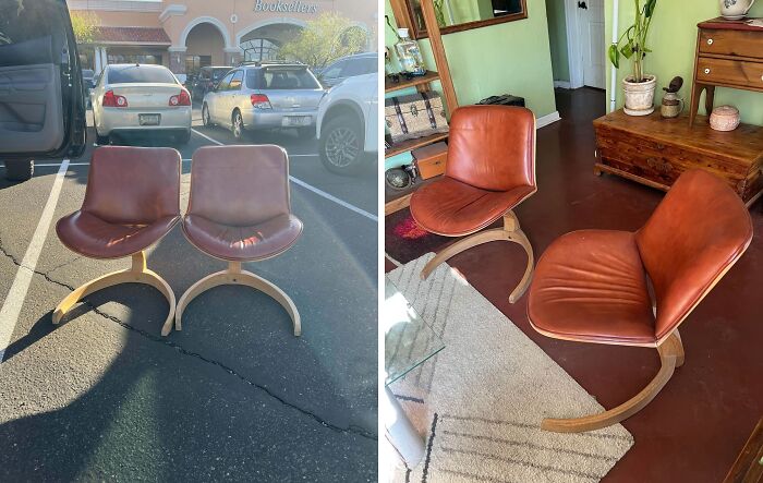 Two brown leather mid-century chairs with curved wooden legs showcased indoors and outdoors, reflecting vintage charm design.