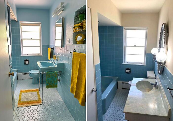 Two vintage bathrooms featuring blue tiles and retro fixtures showcasing mid-century designs with effortless vintage charm.