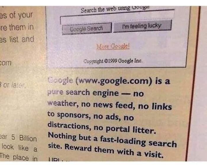Screenshot of an old Google search page highlighting its simple, fast-loading design with no ads or distractions.