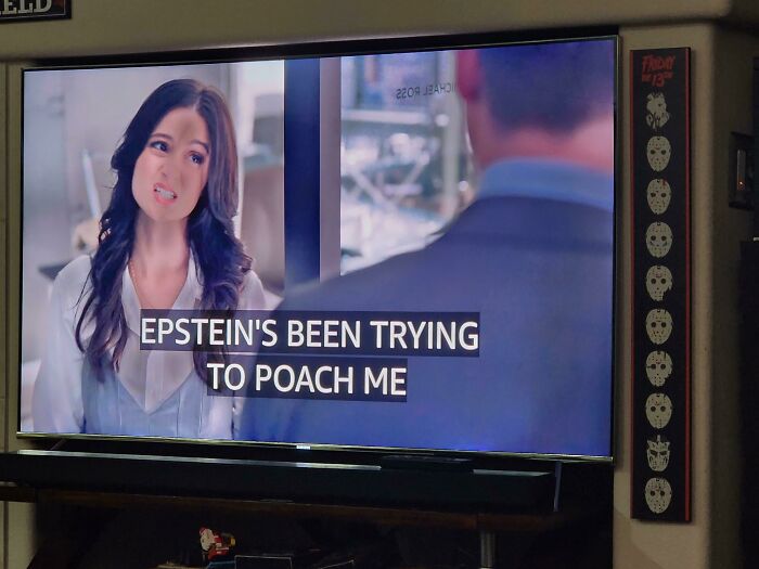 A facepalm-worthy screenshot showing a woman speaking with subtitles about Epstein attempting to poach her.