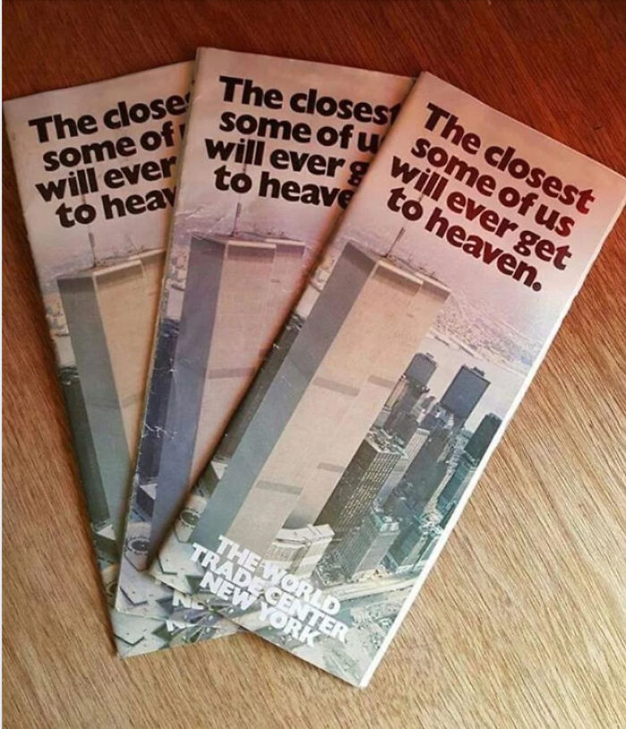 Brochures featuring the World Trade Center with a controversial message, a facepalm-worthy screenshot showing poor sensitivity.