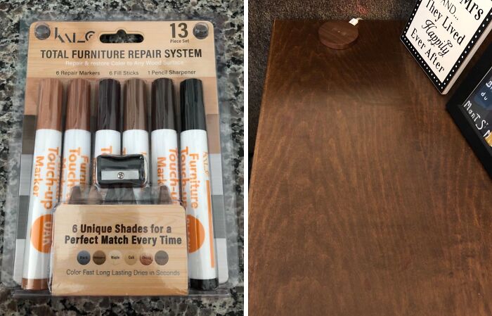 Furniture repair markers kit with six shades shown next to a wooden surface for quick home upgrades and repairs.
