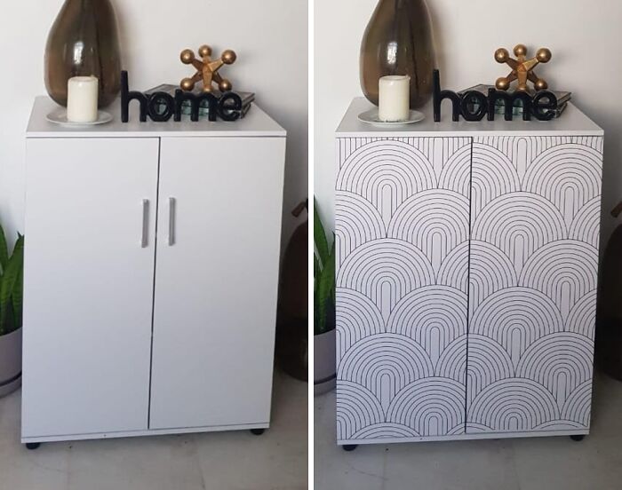 Before and after home upgrade of a cabinet with painted geometric patterns, showing quick weekend home upgrades.