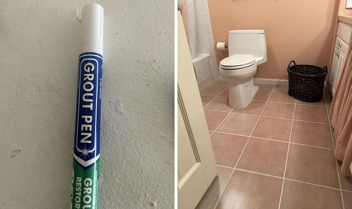 Grout pen and a freshly upgraded bathroom floor showcasing home upgrades for weekend wins and quick improvements.
