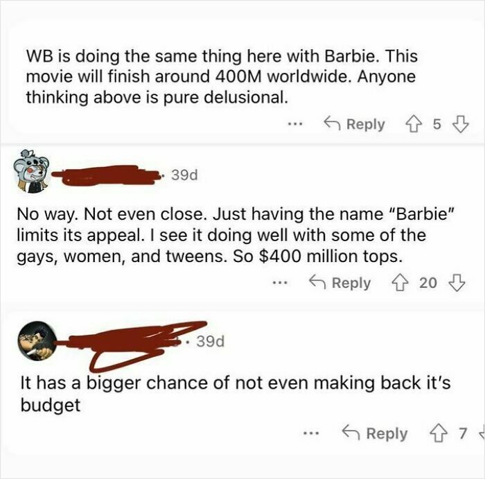 Online comments debating the Barbie movie’s financial success amid things that aged so bad and went sour.
