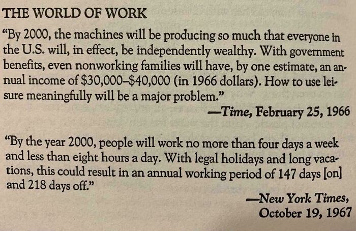 Old newspaper excerpts predicting future work trends, illustrating facepalm-worthy screenshots that aged poorly over time.