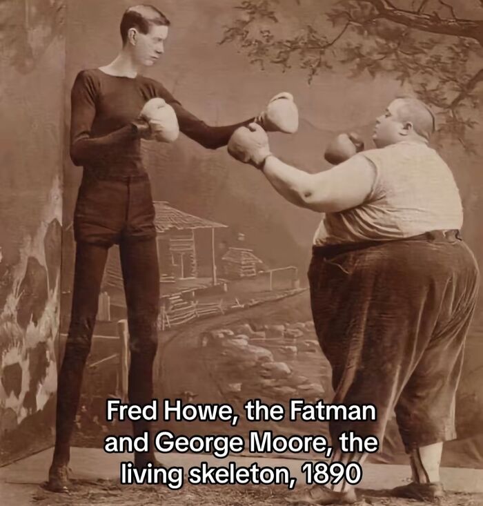 Vintage photo showing Fred Howe and George Moore boxing, monumental life moments frozen in time from history.
