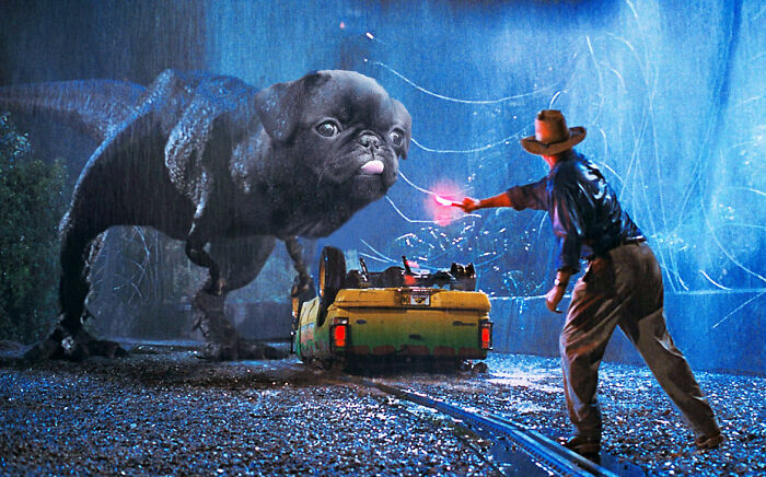 Man holding flare facing giant dog with dinosaur body near overturned vehicle in hilarious Photoshop skill creation.