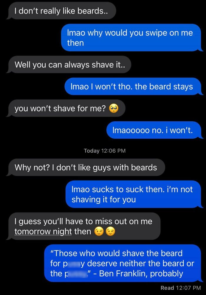 Screenshot of a text conversation showing a woman being called out for her jerk behavior online about shaving a beard.
