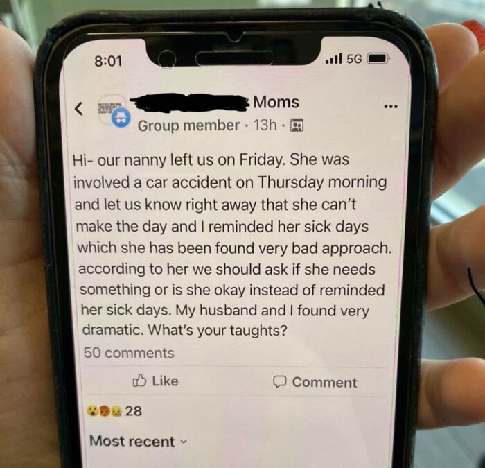 Social media post about entitled behavior discussing a nanny’s car accident and workplace drama.