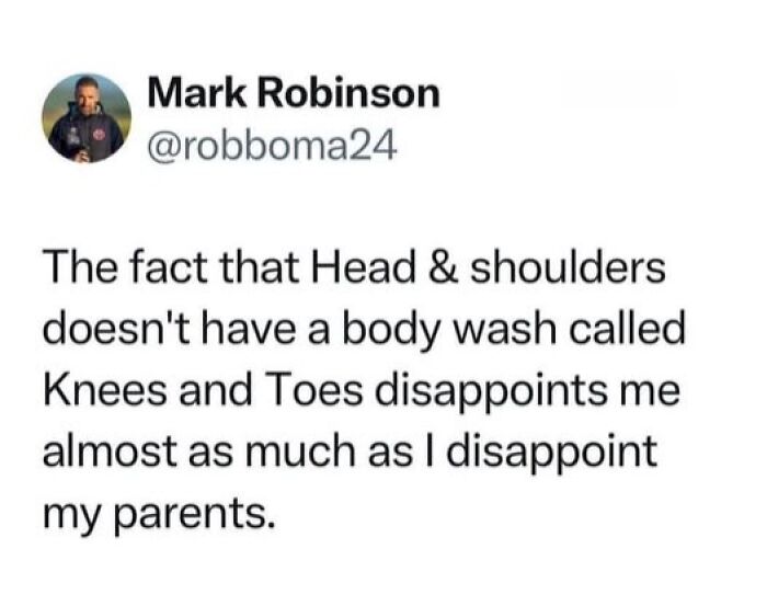Tweet humor about Head & Shoulders lacking Knees and Toes body wash, shared in vegan memes balancing on the brink of being offensive.