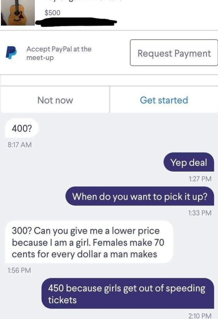 Online chat showing negotiation with mention of gender and pricing, related to women being called out for being jerks online.