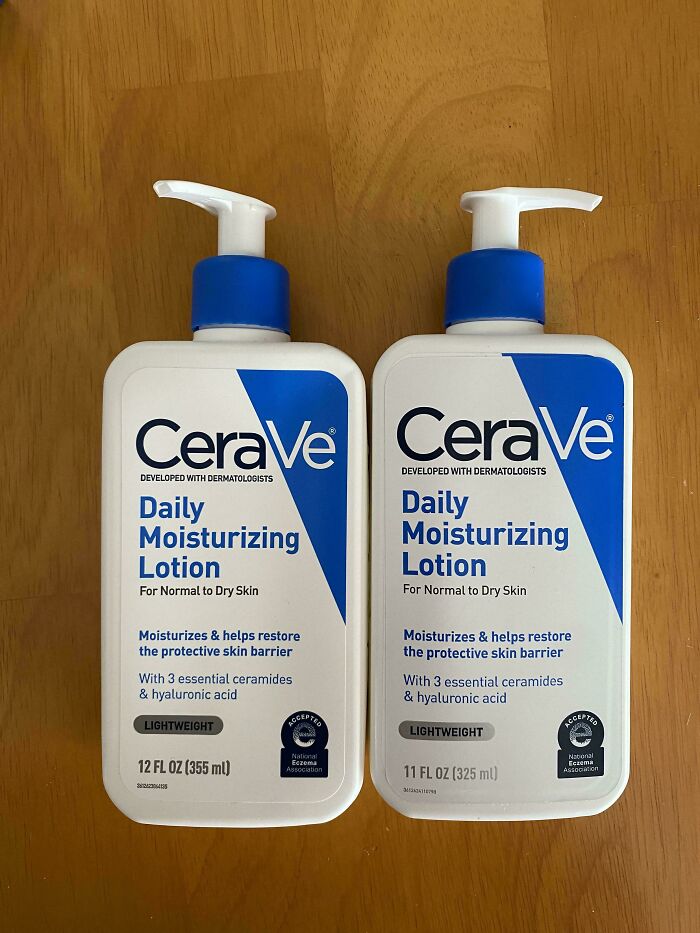 Two sizes of CeraVe Daily Moisturizing Lotion side by side, illustrating products getting smaller and more expensive.