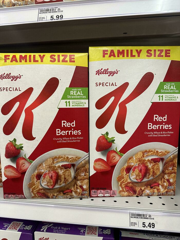Two Kellogg's Special K Red Berries cereal boxes showing size comparison and product price highlighting smaller products.