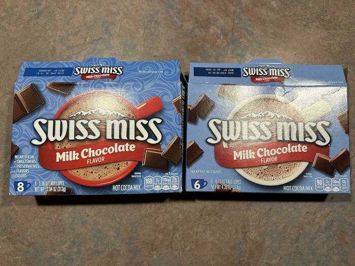 Comparison of two Swiss Miss hot cocoa mix boxes showing product size shrinking and price increasing trends