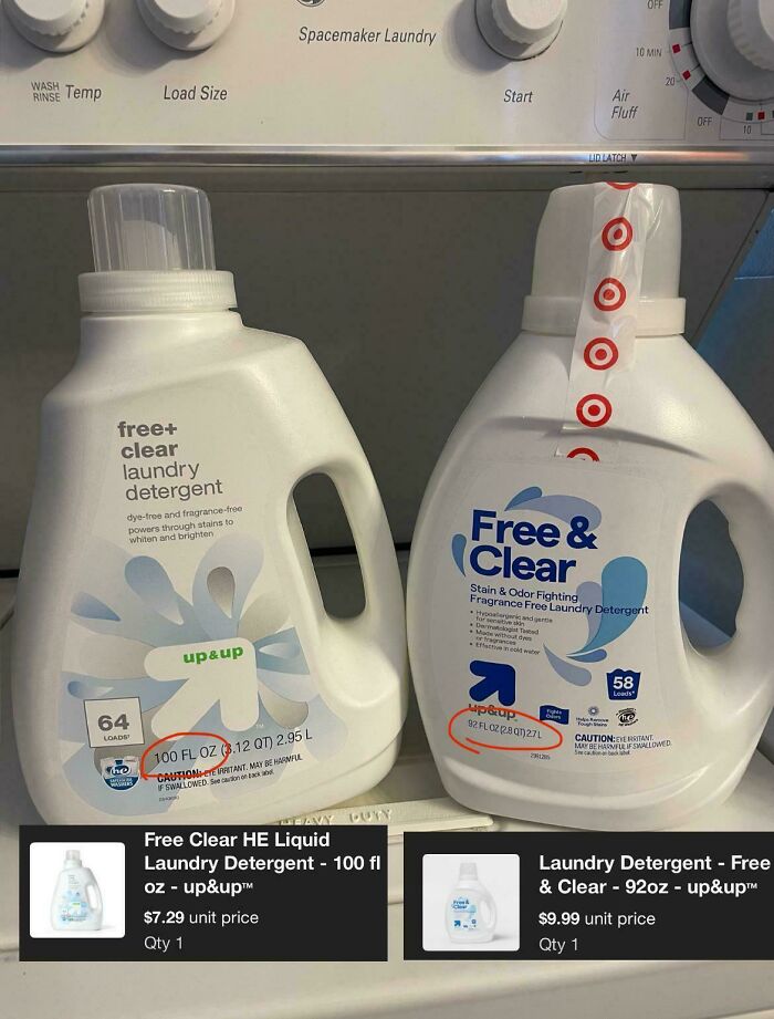 Two laundry detergent bottles showing smaller product size and higher price, illustrating products getting smaller and more expensive.