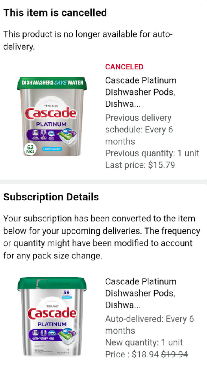 Cascade Platinum dishwasher pods pack size reduced from 62 to 59 pods with price increase from 15.79 to 18.94 dollars.