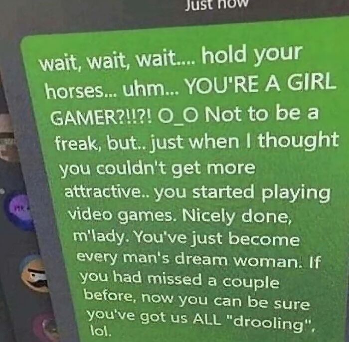 Cringey Instagram message praising a girl gamer, highlighting awkward and exaggerated compliments in a gaming context.