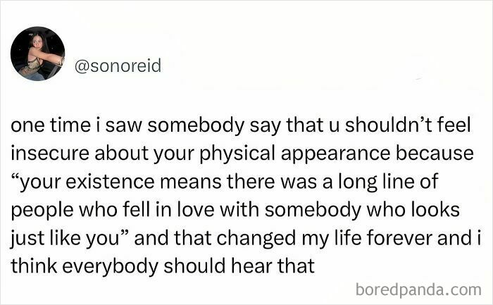 Tweet about overcoming insecurities with a relatable message on appearance and women struggles shared by user sonoreid.