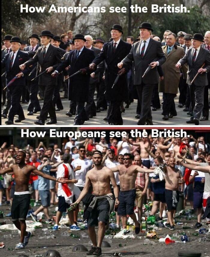 Top image shows British men in suits and bowler hats holding umbrellas, bottom image shows shirtless British men at a chaotic outdoor event, Great British memes.