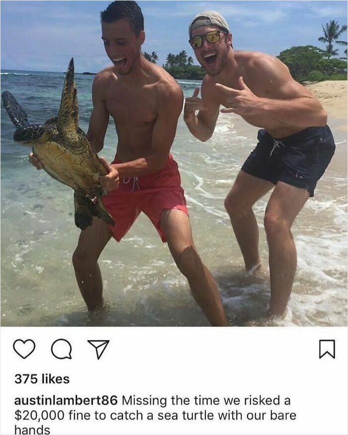 Two rude tourists posing with a captured sea turtle on a beach, displaying entitled and obnoxious behavior.