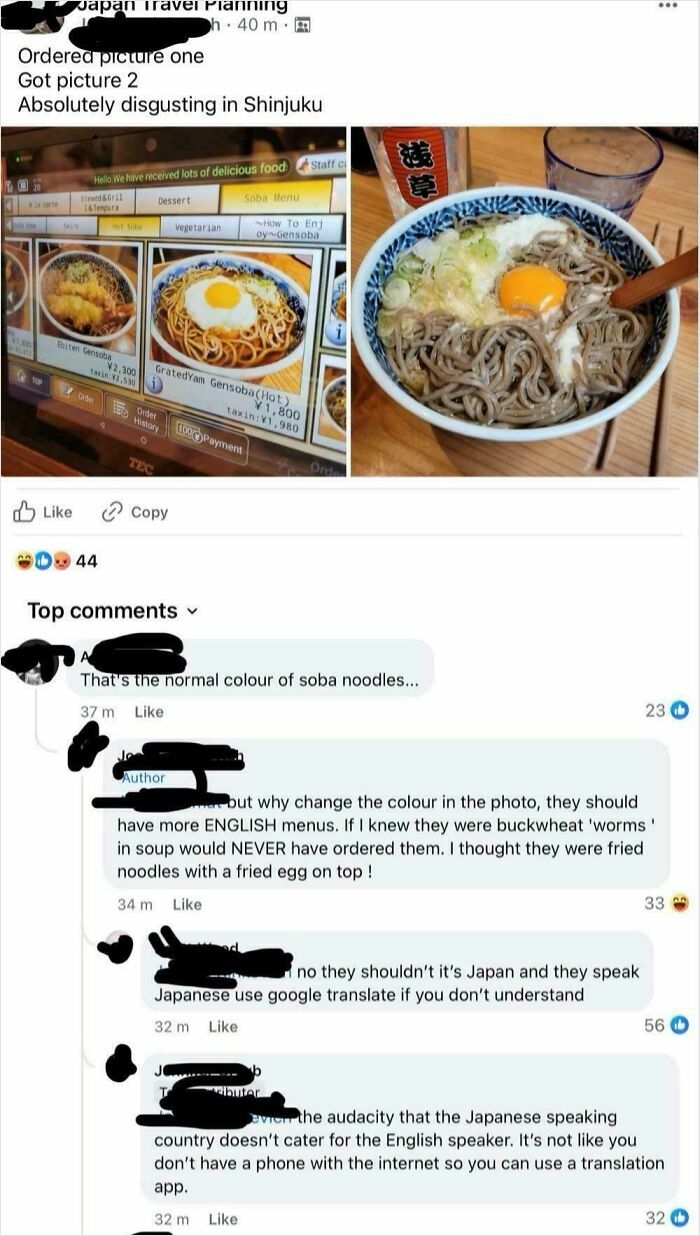 Entitled tourist complains about soba noodles in Japan, misunderstanding local food and language in rude online post.