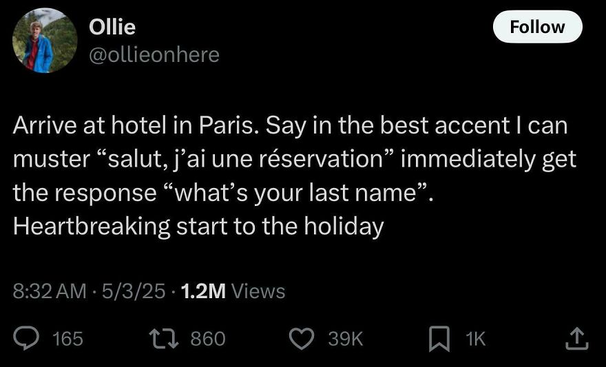 Twitter post from comedian Ollie sharing a funny experience at a Paris hotel, reflecting popular comedic tweets.