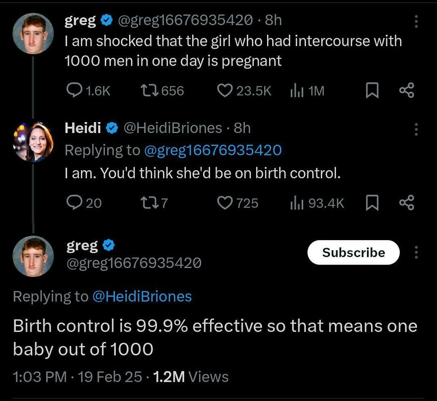 Funny Twitter comedians exchange witty replies about birth control and pregnancy in a humorous social media post.