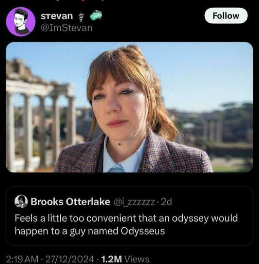 Twitter comedians post with a humorous tweet about a character named Odysseus and an odyssey, shared widely online.