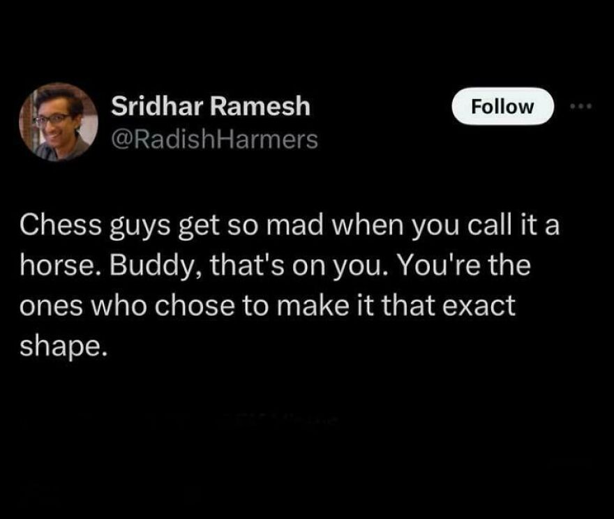 Twitter post from a comedian joking about chess pieces getting mad when called a horse, showcasing funny comedic posts.