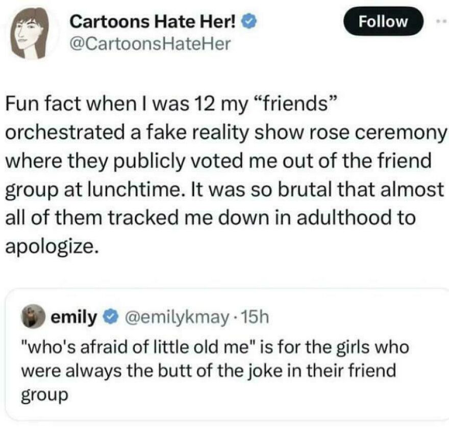 Tweet from comedians sharing a funny story about a fake reality show rose ceremony at lunchtime.
