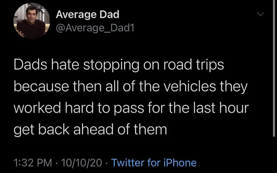 Screenshot of a funny tweet from a comedian about dads and road trips, shared on Twitter for humor and comedy.