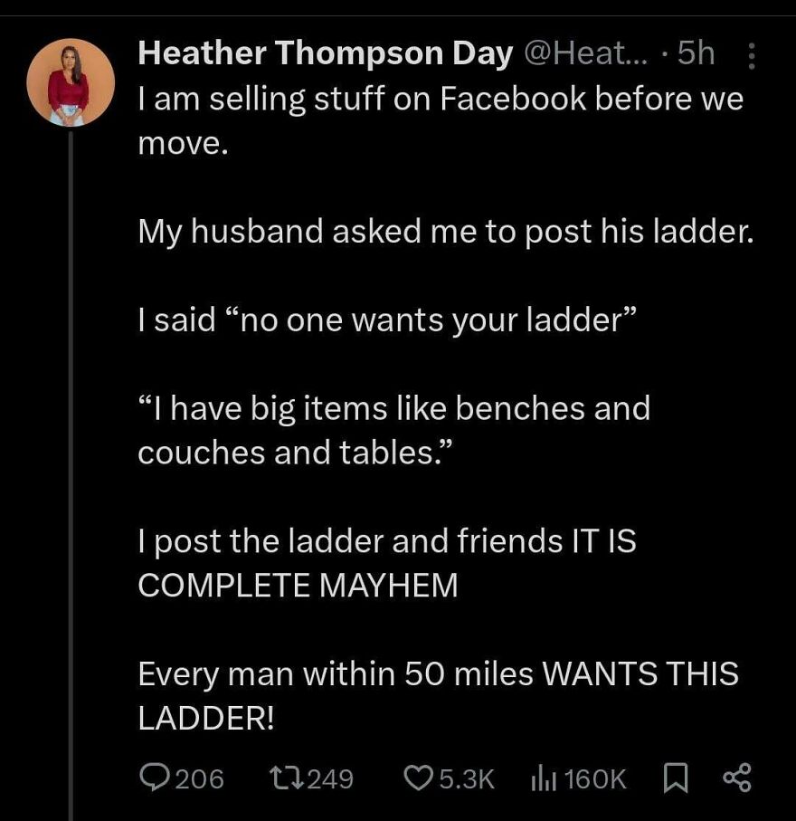 Twitter post from a comedian sharing a funny story about selling a ladder that unexpectedly became very popular.