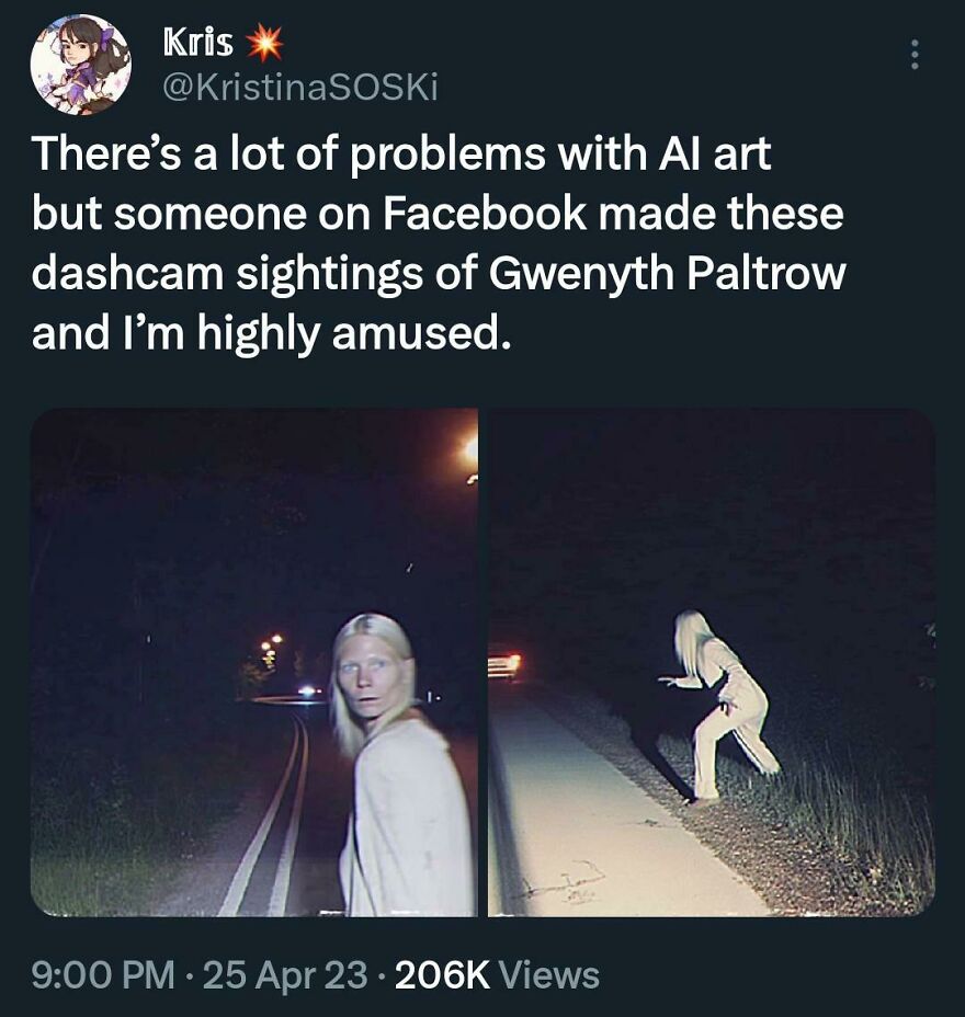 Tweet about funny AI art with dashcam images of a mysterious figure, showcasing comedic posts from Twitter comedians.