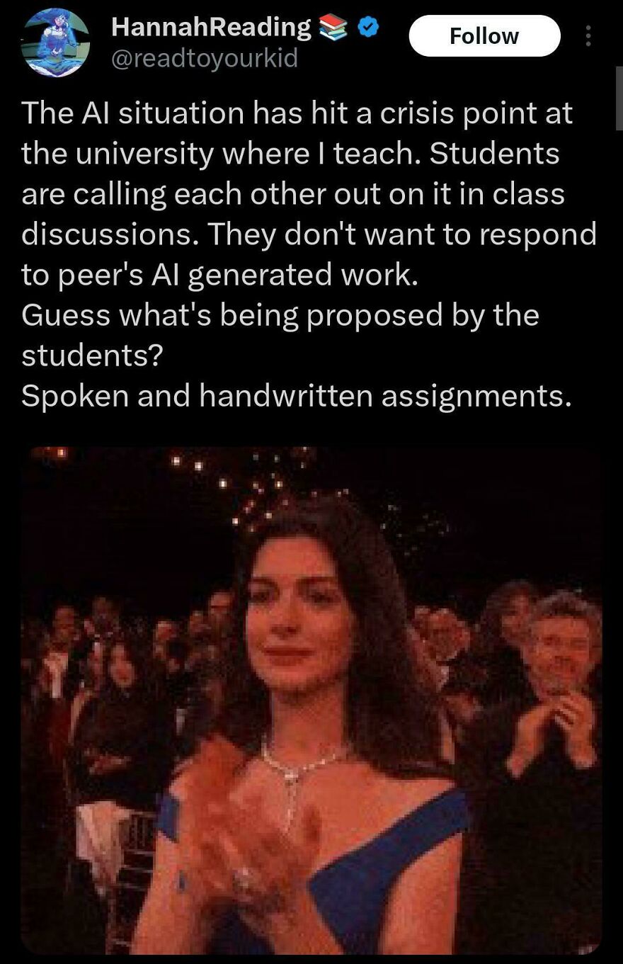Twitter post from comedian about students rejecting AI work, proposing spoken and handwritten assignments, with applause gif below.